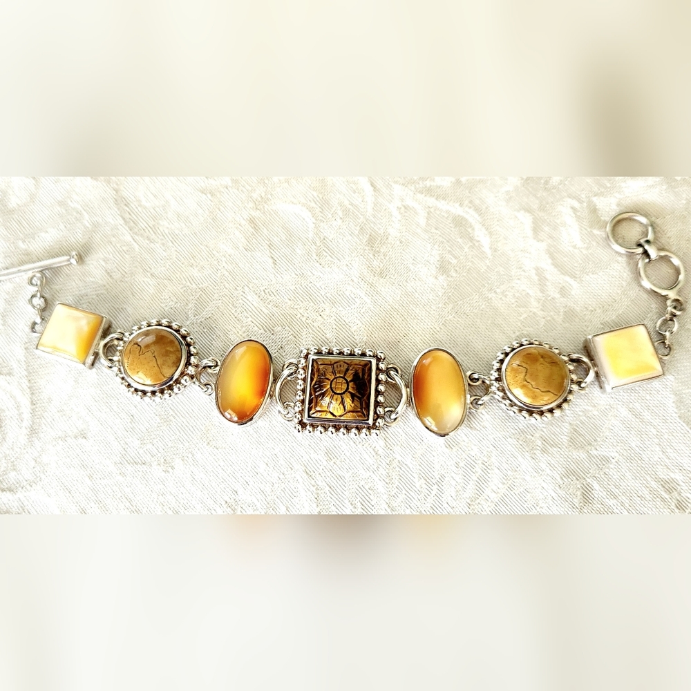 Vintage WHITNEY KELLY 925 Sterling Silver Carved Multi-Stone Bracelet-EUC!